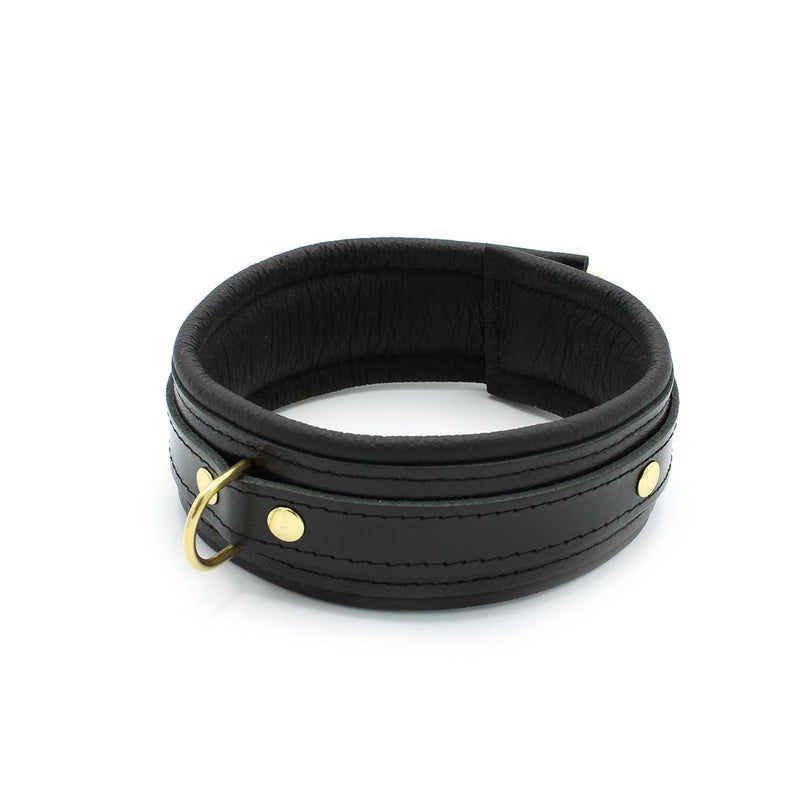 Kiotos Leather - Lederen Collar Met Goudkleurige Metalen Hardware - Zwart-Laced-up.nl