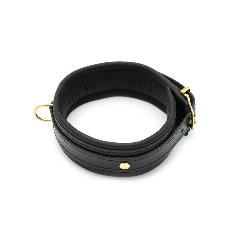 Kiotos Leather - Lederen Collar Met Goudkleurige Metalen Hardware - Zwart-Laced-up.nl