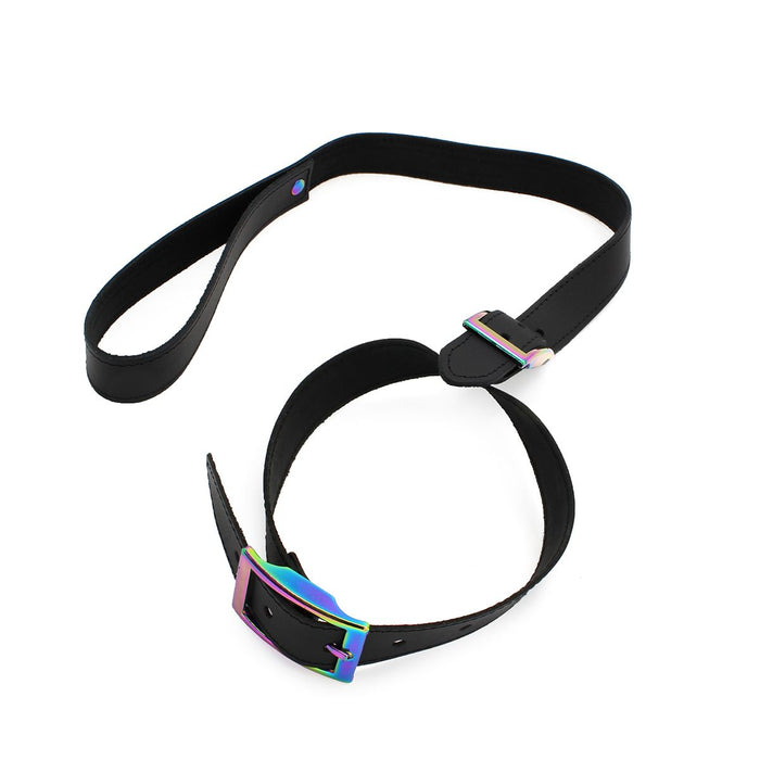 Kiotos Leather - Leren Collar Met Leiband Met Rainbow Gekleurde Metalen Gesp-Laced-up.nl