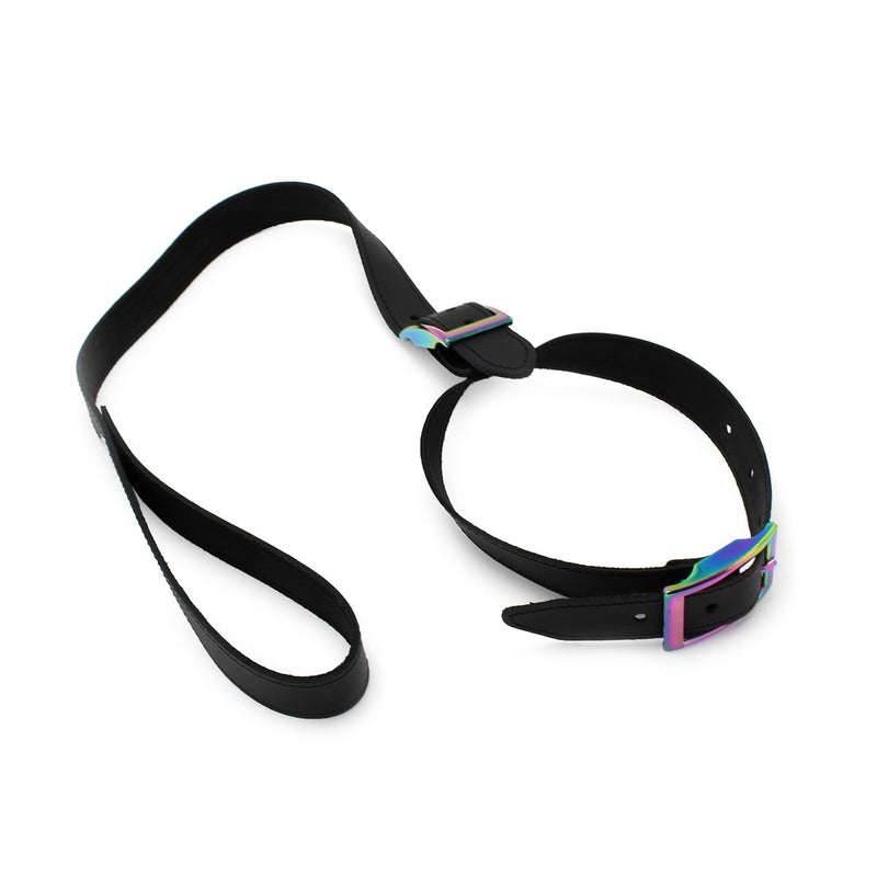 Kiotos Leather - Leren Collar Met Leiband Met Rainbow Gekleurde Metalen Gesp-Laced-up.nl