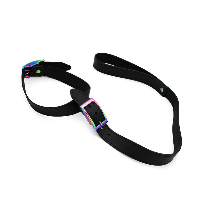 Kiotos Leather - Leren Collar Met Leiband Met Rainbow Gekleurde Metalen Gesp-Laced-up.nl