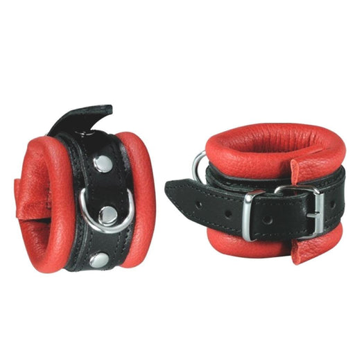 Kiotos - Leren Handboeien 5 cm Breed Gevoerd - Zwart/Rood-Erotiekvoordeel.nl