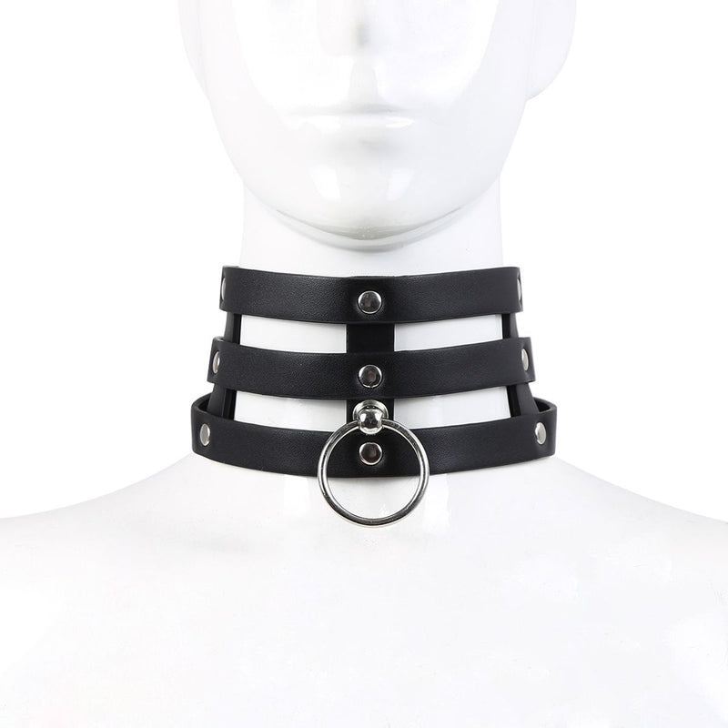 Kiotos Leather - Triple O-Ring Collar - Body Safe Kunstleer - Omtrek: 29/38 cm - 60 gr-Laced-up.nl