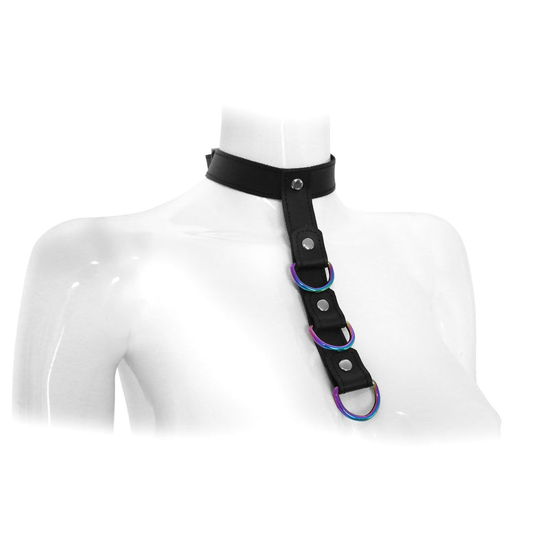 Kiotos - Leather Collar with Short Bondage Strap with Rings - Laced-up.nl