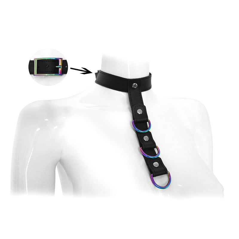 Kiotos - Leather Collar with Short Bondage Strap with Rings - Laced-up.nl