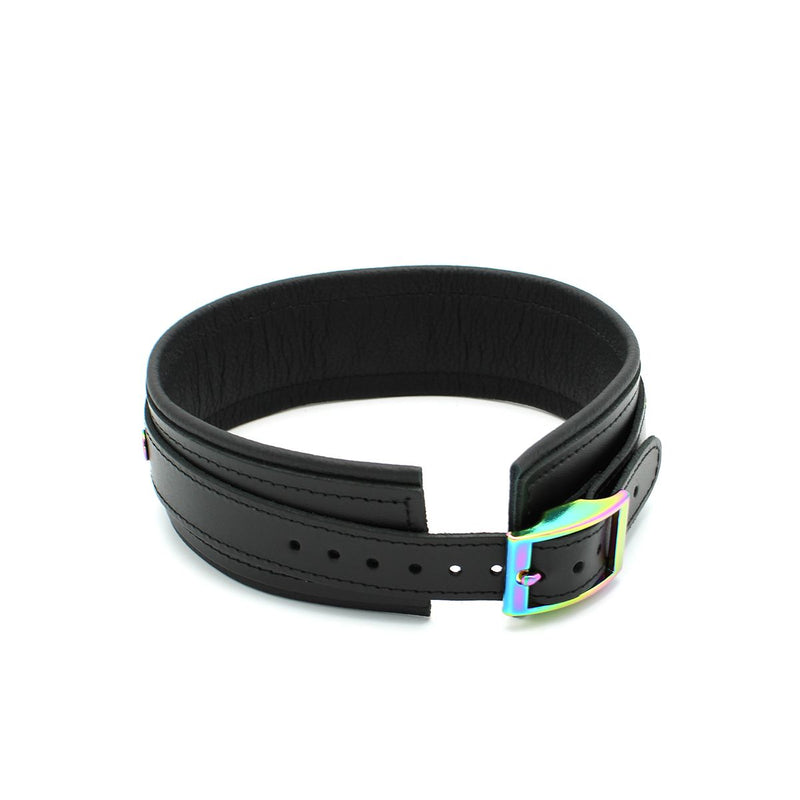 Kiotos - Premium-Lederhalsband - Metallbeschläge in Einhornfarben - Schwarz/Regenbogen - Laced-up.nl
