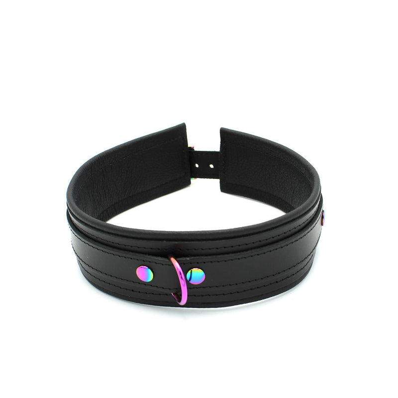 Kiotos - Premium-Lederhalsband - Metallbeschläge in Einhornfarben - Schwarz/Regenbogen - Laced-up.nl