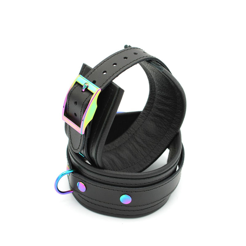 Kiotos - Premium Lederen Enkelboeien - Metalen Hardware in Unicorn Kleuren - Zwart/Rainbow-Erotiekvoordeel.nl