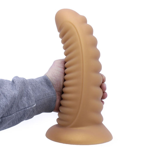 Kiotos - Ribbed Penis XL Shinny Flesh Suction Dildo - Amazing Shinny Gold/Flesh Silicone - 8 cm diameter x 30 cm lang-Laced-up.nl