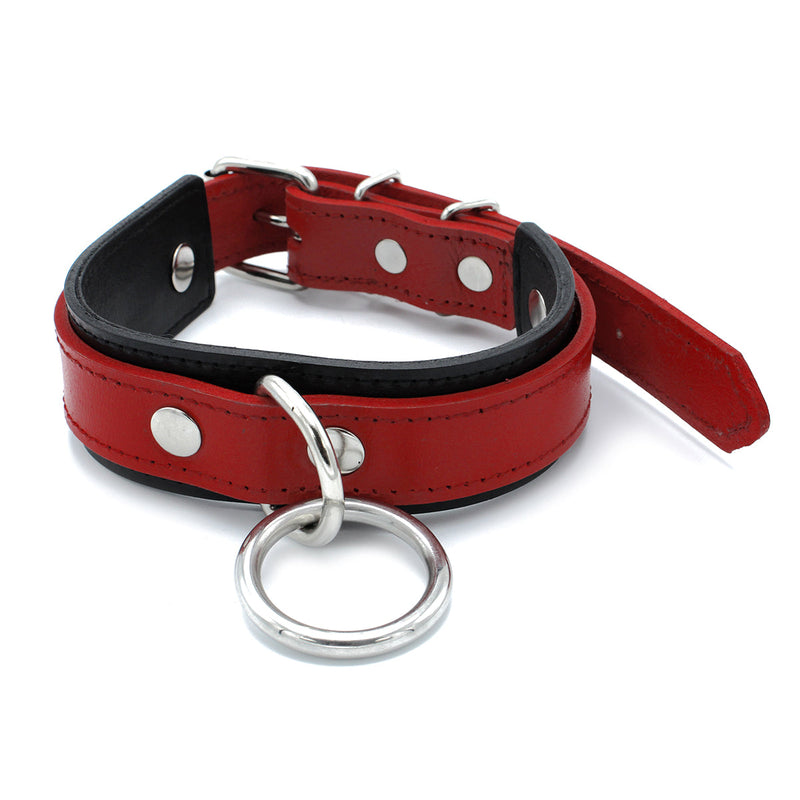 Kiotos - Black/Red Leather Collar with Large O-Ring - Laced-up.nl
