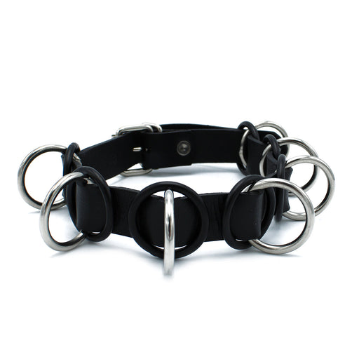 Kiotos - Black Leather Collar with 7 Statement Rings - Laced-up.nl