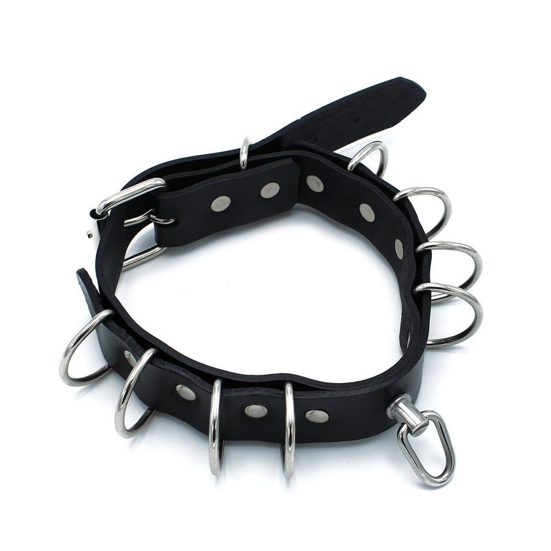 Kiotos - Collier en cuir noir avec plusieurs anneaux en D - Laced-up.nl