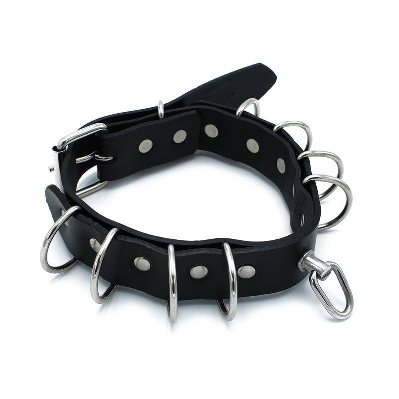 Kiotos - Collier en cuir noir avec plusieurs anneaux en D - Laced-up.nl