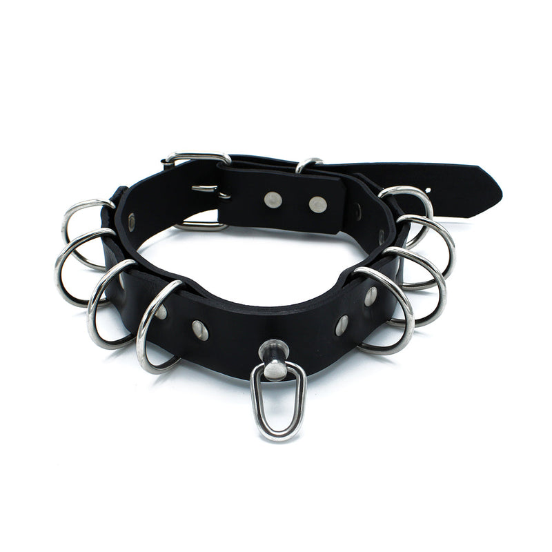Kiotos - Collier en cuir noir avec plusieurs anneaux en D - Laced-up.nl