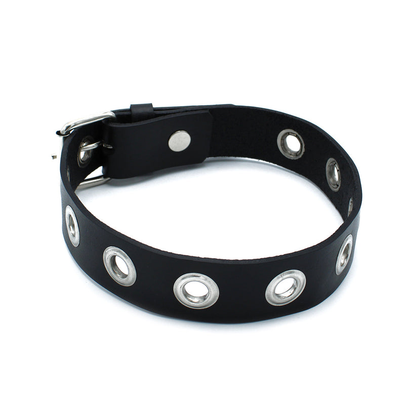 Kiotos - Black Leather Slim Collar with Multi-Metal Eyelets - Laced-up.nl