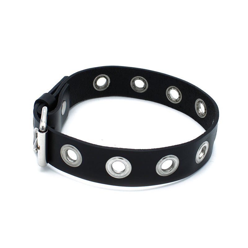 Kiotos - Black Leather Slim Collar with Multi-Metal Eyelets - Laced-up.nl