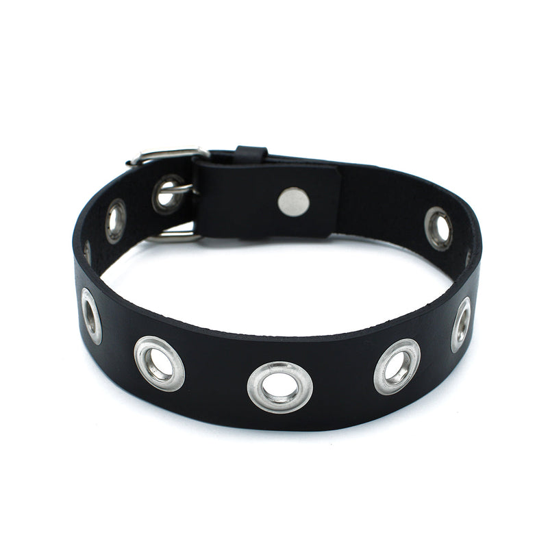 Kiotos - Black Leather Slim Collar with Multi-Metal Eyelets - Laced-up.nl