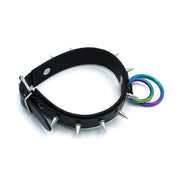 Kiotos - Schwarzes Lederhalsband mit Stacheln und doppeltem Regenbogen-O-Ring - Laced-up.nl