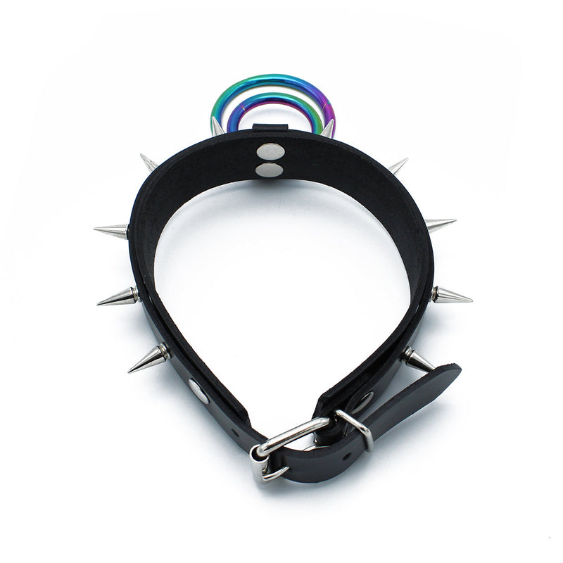 Kiotos - Schwarzes Leder-Spiked-Halsband mit doppeltem Regenbogen-O-Ring - Laced-up.nl