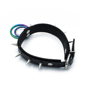 Kiotos - Schwarzes Leder-Spiked-Halsband mit doppeltem Regenbogen-O-Ring - Laced-up.nl
