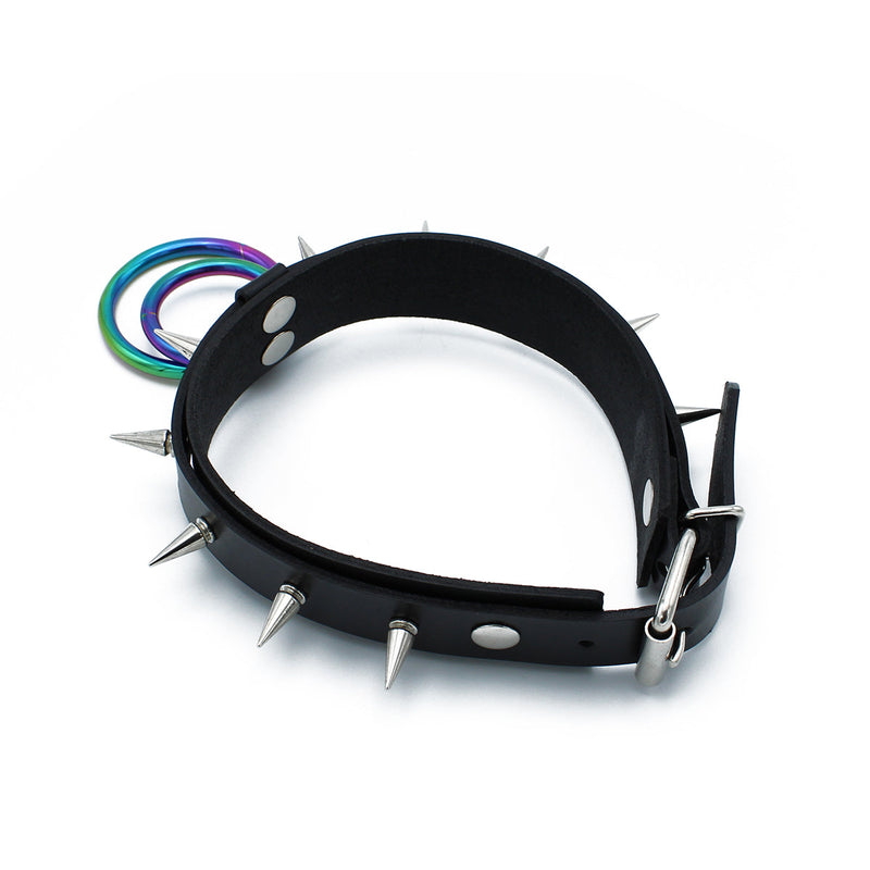 Kiotos - Schwarzes Leder-Spiked-Halsband mit doppeltem Regenbogen-O-Ring - Laced-up.nl