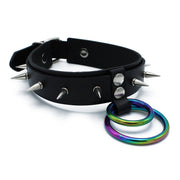 Kiotos - Schwarzes Lederhalsband mit Stacheln und doppeltem Regenbogen-O-Ring - Laced-up.nl
