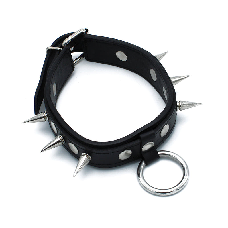 Kiotos - Black Leather Spiked Collar with O-Ring - Laced-up.nl