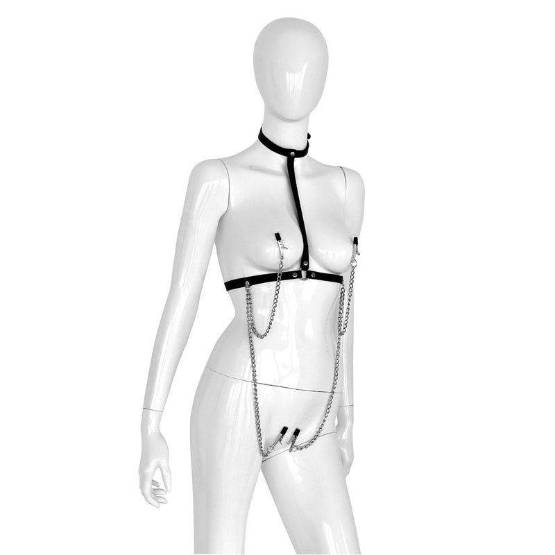 Kiotos - Lederen Collar Chest met 4 Clamps - Dé Ultieme Sensatie voor BDSM Liefhebbers!-Laced-up.nl