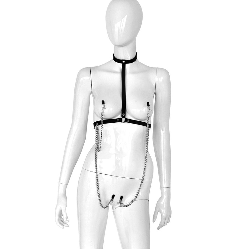 Kiotos - Lederen Collar Chest met 4 Clamps - Dé Ultieme Sensatie voor BDSM Liefhebbers!-Laced-up.nl