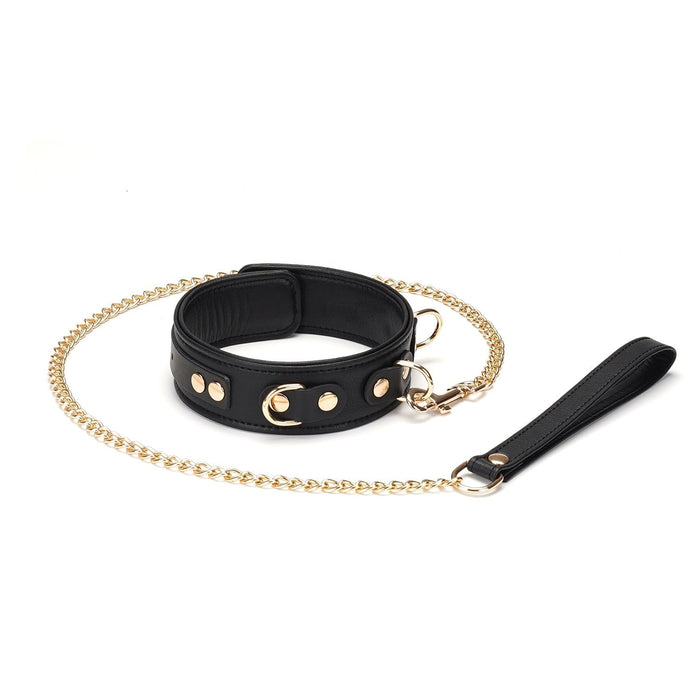 Liebe Seele - Dark Secret - Exclusieve Lederen Collar Met Leiband- Goud Metalen Hardware - Zwart/Goud-Laced-up.nl