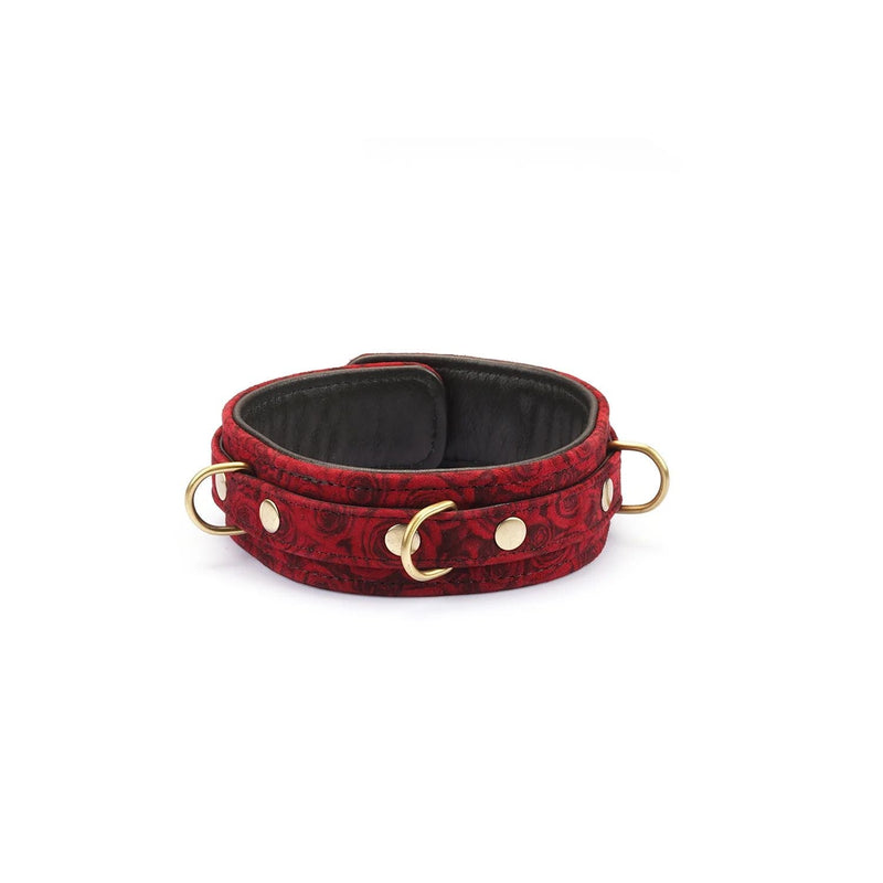 Liebe Seele - Kinbaku Ukiyoe - Lamslederen Collar met Leash - Rood met Zwarte Rozen Print - Iets Héél Bijzonders! - Import uit Japan-Laced-up.nl