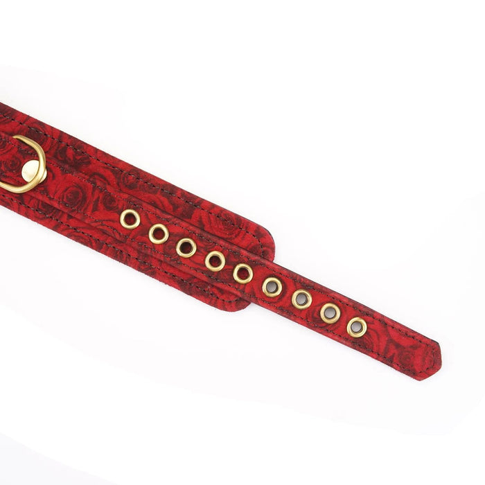 Liebe Seele - Kinbaku Ukiyoe - Lamslederen Collar met Leash - Rood met Zwarte Rozen Print - Iets Héél Bijzonders! - Import uit Japan-Laced-up.nl
