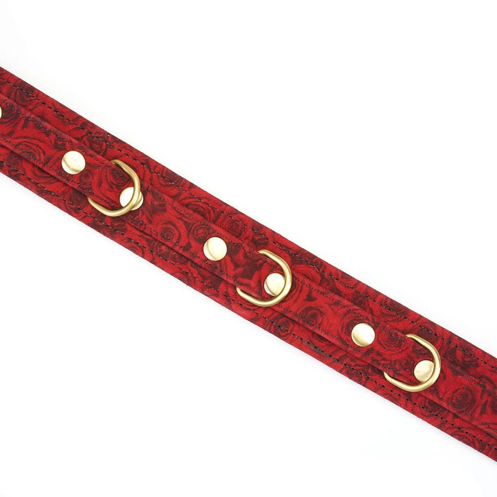Liebe Seele - Kinbaku Ukiyoe - Lamslederen Collar met Leash - Rood met Zwarte Rozen Print - Iets Héél Bijzonders! - Import uit Japan-Laced-up.nl