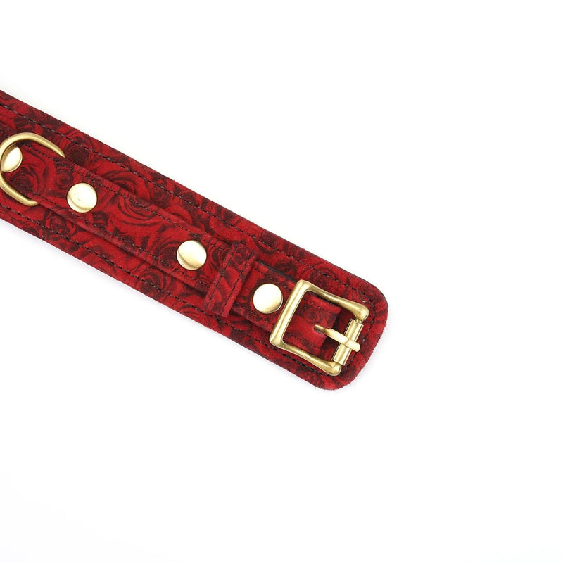 Liebe Seele - Kinbaku Ukiyoe - Lamslederen Collar met Leash - Rood met Zwarte Rozen Print - Iets Héél Bijzonders! - Import uit Japan-Laced-up.nl