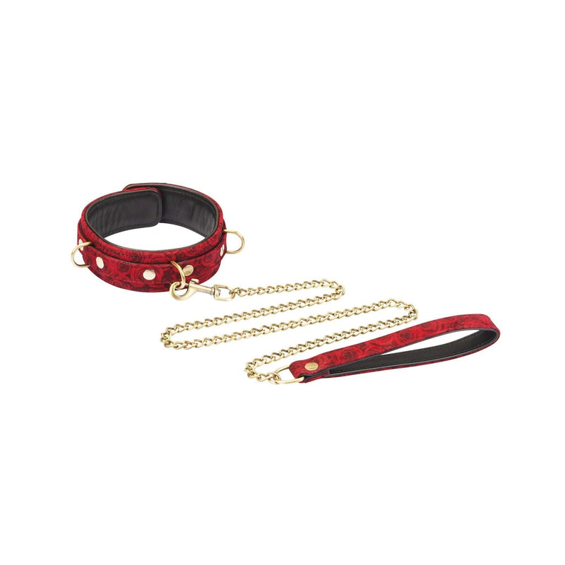 Liebe Seele - Kinbaku Ukiyoe - Lamslederen Collar met Leash - Rood met Zwarte Rozen Print - Iets Héél Bijzonders! - Import uit Japan-Laced-up.nl