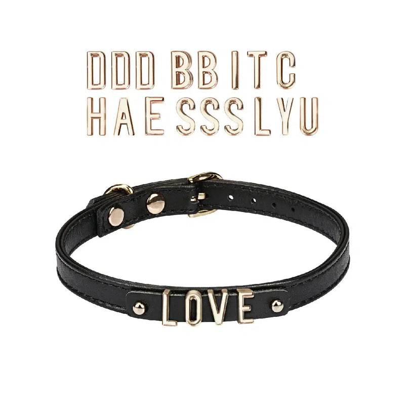Liebe Seele - Lederen DIY Collar Met Verwisselbare Gouden Letters - Zwart-laced-up.nl