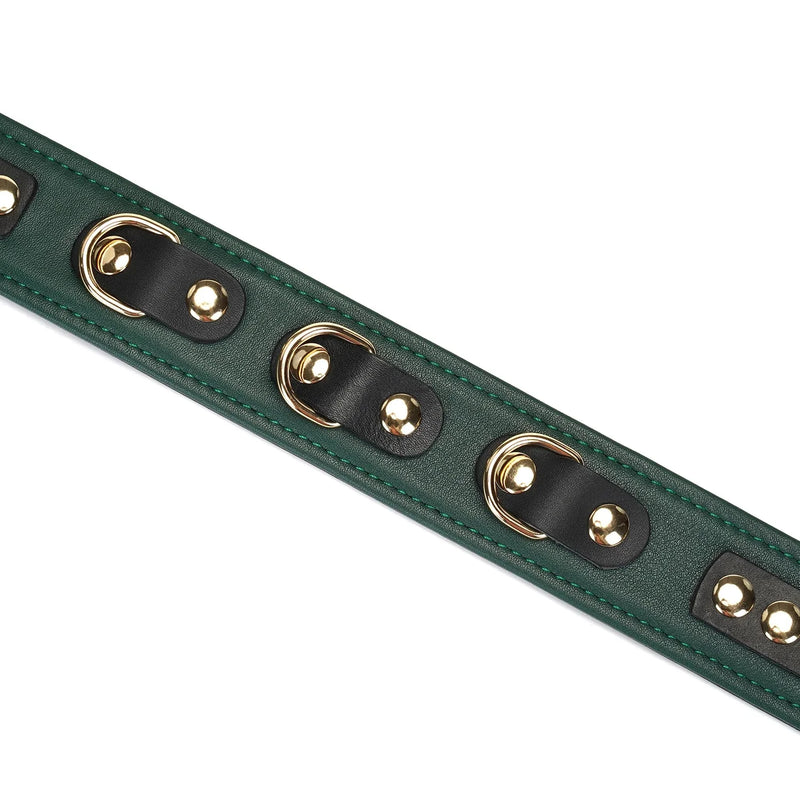 Liebe Seele - Mossy Green - Leren Collar En Gouden Leiband - Exclusief En Luxe Ontwerp - groen-Laced-up.nl