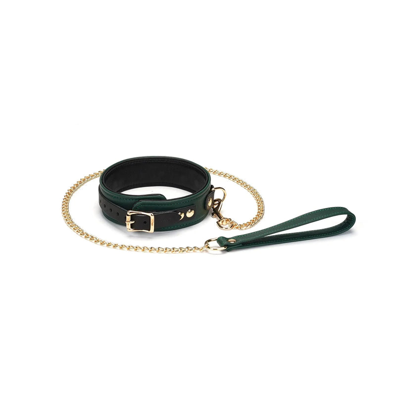 Liebe Seele - Mossy Green - Leren Collar En Gouden Leiband - Exclusief En Luxe Ontwerp - groen-Laced-up.nl