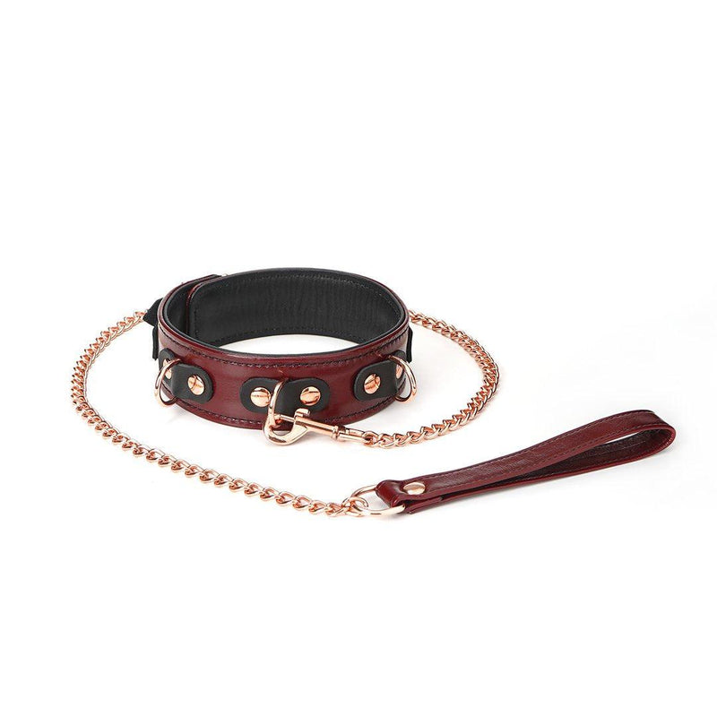 Liebe Seele - Wine Red - Leren Collar met Rosé Gouden Leiband - Exclusief En Luxe Ontwerp - wijnrood-Laced-up.nl