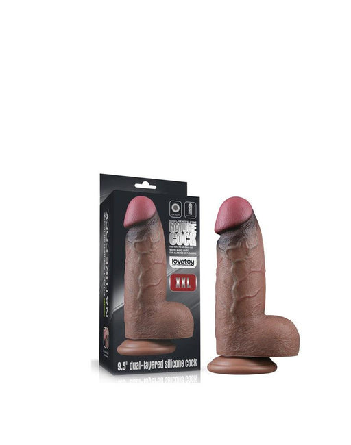 LoveToy - Dubbellaagse Siliconen Dildo XXL - Lengte 24.6 cm - Diameter 7 cm - Bruin-Laced-up.nl