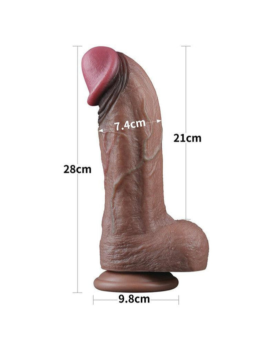 LoveToy - Dubbellaagse Siliconen Dildo XXL - Lengte 28 cm - Diameter 7.4 cm - Bruin-Laced-up.nl
