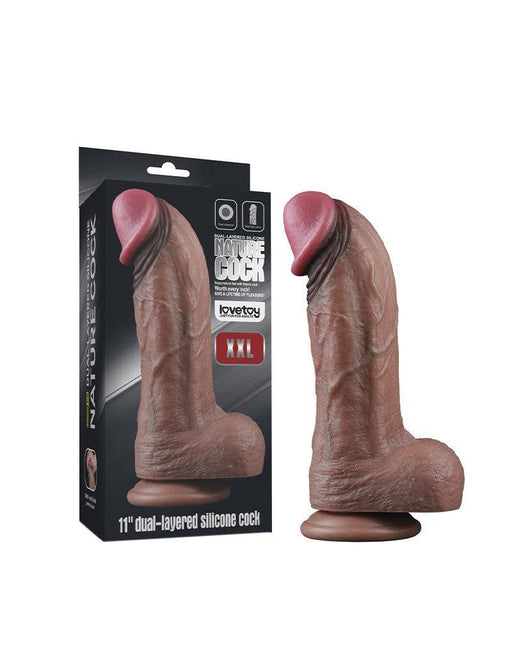 LoveToy - Dubbellaagse Siliconen Dildo XXL - Lengte 28 cm - Diameter 7.4 cm - Bruin-Laced-up.nl
