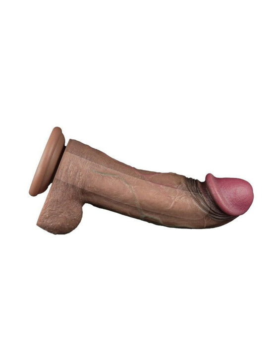 LoveToy - Dubbellaagse Siliconen Dildo XXL - Lengte 28 cm - Diameter 7.4 cm - Bruin-Laced-up.nl