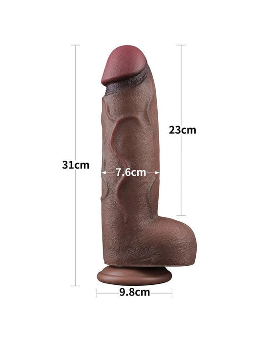 LoveToy - Dubbellaagse Siliconen Dildo XXL - Lengte 31 cm - Diameter 7.6 cm - Bruin-Laced-up.nl