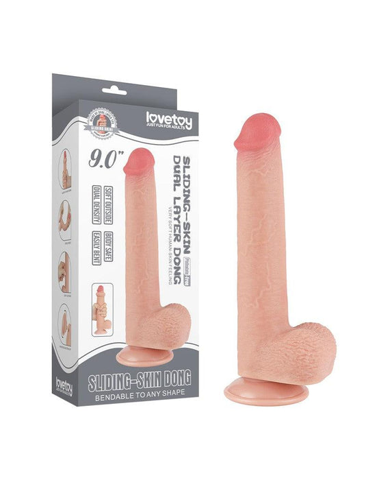 LoveToy - Dubbellaags Dildo - Glijdende Huid Dildo - Lengte 22 cm - Diameter Ø 3.7 cm - Lichte Huidskleur-Laced-up.nl