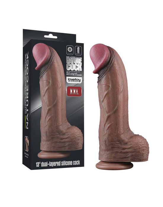 LoveToy - Dubbellaags Siliconen Dildo XXL - Lengte 33 cm - Diameter 7.6 cm - Bruin-Erotiekvoordeel.nl