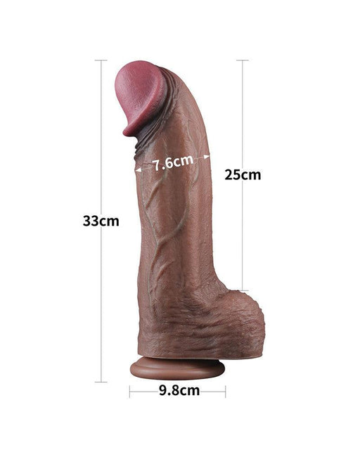 LoveToy - Gode XXL en silicone double couche - Longueur 33 cm - Diamètre 7,6 cm - Marron - Laced-up.nl
