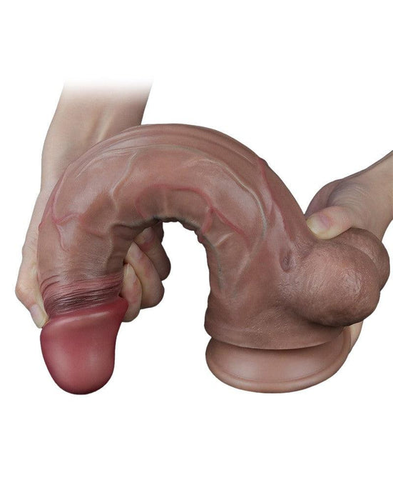 LoveToy - Dubbellaagse Siliconen Dildo - Lengte 29.5 cm - Diameter 5.5 cm - Bruin-Laced-up.nl