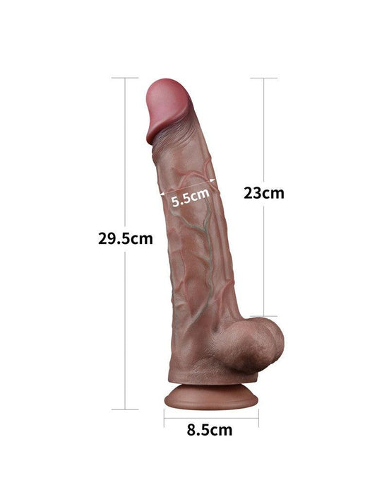 LoveToy - Dubbellaagse Siliconen Dildo - Lengte 29.5 cm - Diameter 5.5 cm - Bruin-Laced-up.nl