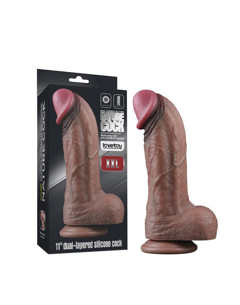 LoveToy - Gode en silicone double couche XXL - Longueur 28 cm - Diamètre 7,4 cm - Bruin-Laced-up.nl